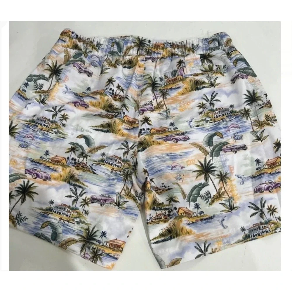Robert Graham Swim Trunks Mens XL White Tropical Scenic Print Regular Fit New